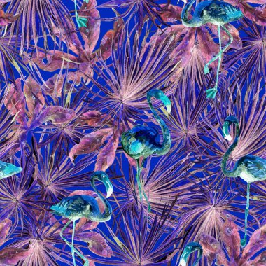 Flamingo deseni. Tropik yaz ultraviyole izi. Kuşlarla dolu egzotik bahar canavarları. Moda Hawai Ormanı tekrar eden pürüzsüz fayanslar. Palm Botanik mayo tasarımı. Miami Vahşi Hayatı.