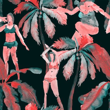 Yaz plajı deseni. Mayo giymiş insanlar egzotik palmiye, yaprak ve çiçeklerin arasında duruyorlar. Yeşil turkuaz parmak izi. Tropik Hawai suluboyası, pürüzsüz fayans. Bikini Miami, güneşlenen kızlar.. 