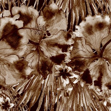 Tropikal desen. Suluboya egzotik çiçekler ve canavar yaprakları. Tertemiz siyah beyaz bitkiler. Yaz Hawaii suluboya geçmişi. Tropik palmiyeler, canavarlar, çiçek desenleri..