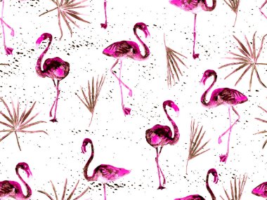 Büyük flamingo hippi kızıl Hawaii 'nin kusursuz deseni. İlkbahar suluboya tişört baskısı. Yaban kuşlarıyla minimalist geometrik mayo arka planı. Suluboya yatay fayans.