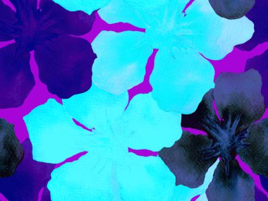 Hawaii suluboya deseni. Çivit mavisi, tropikal, dikişsiz iz. Hibiscus ve zakkum Hawaii 'de. Aloha mayo tasarımı. Egzotik buket moda illüstrasyonu. Suluboya yatay fayans.