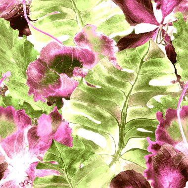 Yeşil Kırmızı Egzotik desen. Suluboya tropik yapraklar. Palm ve Hibiscus bitkileri kusursuz desende. Bahar Hawaii suluboya geçmişi. Tropik palmiyeler, canavarlar, çiçek desenleri..