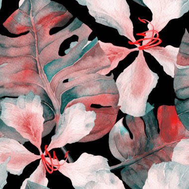 Tropikal desen. Suluboya egzotik çiçekler ve canavar yaprakları. Palm ve Hibiscus bitkileri kusursuz desende. Yaz Hawaii suluboya geçmişi. Avuç içleri, canavarlar, mayo izleri..