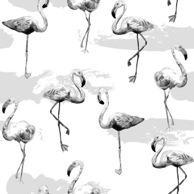 Flamingo deseni. Tropikal yaz siyah baskısı. Kuşlarla dolu egzotik bahar tekstil arka planı. Moda Hawai Ormanı tekrar eden pürüzsüz fayanslar. Çizgili botanik mayo tasarımı. Miami Vahşi Hayatı.