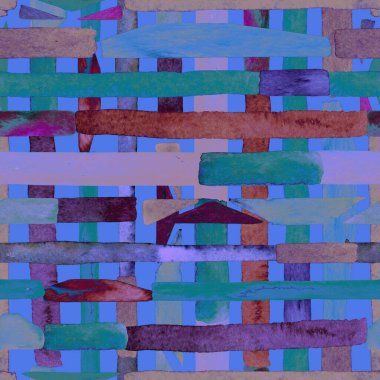 Bauhaus deseni. Çivit mavisi geometrik suluboya, soyut, dikişsiz iz. Suluboya çizgili arka plan. Kaleydoskop çapraz. Çağdaş sanat illüstrasyonu. Bauhaus grafik tasarımı. Moda dokusu