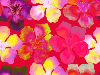 Hawaii suluboya deseni. Pembe kırmızı tropikal desensiz çiçek deseni. Hibiscus ve zakkum Hawaii 'de. Aloha mayo tasarımı. Egzotik buket moda illüstrasyonu. Suluboya yatay fayans.