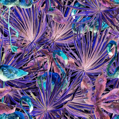 Flamingo deseni. Tropik yaz ultraviyole izi. Kuşlarla dolu egzotik bahar canavarları. Moda Hawai Ormanı tekrar eden pürüzsüz fayanslar. Palm Botanik mayo tasarımı. Miami Vahşi Hayatı.