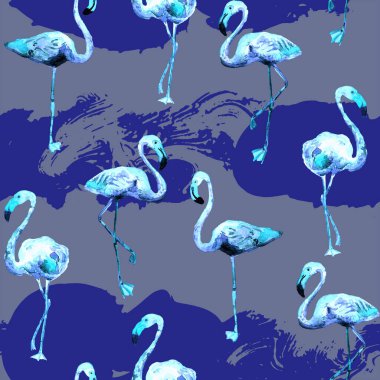 Flamingo deseni. Tropik yaz mavisi siyah iz. Kuşlarla dolu egzotik bahar tekstil arka planı. Moda Hawai Ormanı tekrar eden pürüzsüz fayanslar. Çizgili botanik mayo tasarımı. Miami Vahşi Hayatı.
