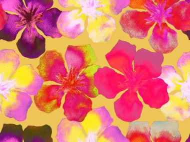 Hawaii suluboya deseni. Pembe kırmızı tropikal desensiz çiçek deseni. Hibiscus ve zakkum Hawaii 'de. Aloha mayo tasarımı. Egzotik buket moda illüstrasyonu. Suluboya yatay fayans.