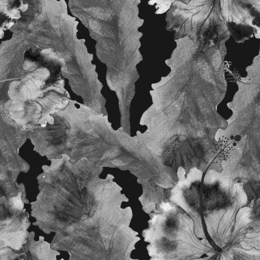 Egzotik desen. Suluboya tropik çiçekler ve canavar yaprakları. Palm ve Hibiscus bitkileri kusursuz desende. Bahar Hawaii suluboya geçmişi. Tropik palmiyeler, canavarlar, çiçek desenleri..