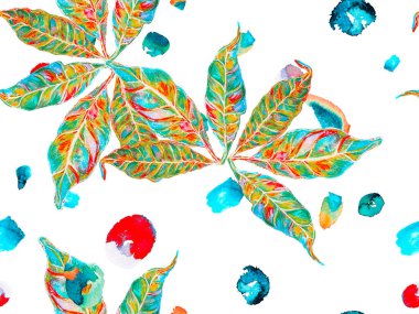 Suluboya Turuncu Çiçek ve Yapraklar. Yaz Vintage Arkaplanı. Çiçek Ayurveda deseni. Canlı Sakura ve Jasmine Print. Klasik Mavi ve Lush Lav Kırmızı Bio Jasmin Kusursuz Kalıp.