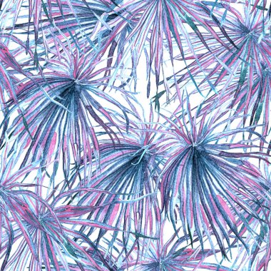 Tropikal desen. Suluboya egzotik çiçekler ve canavar yaprakları. Kusursuz desenli beyaz yeşil bitkiler. Yaz Hawaii suluboya geçmişi. Tropik palmiyeler, canavarlar, çiçek desenleri..