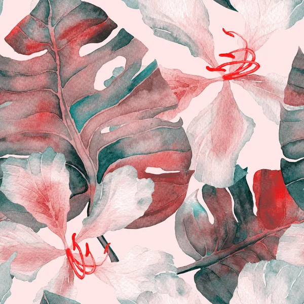 Pembe kırmızı egzotik desen. Suluboya tropic bırakır. Palmiye ve Hibiscus orman seamless modeli. Yaz hawaiian suluboya arka plan. Tropik avuç içi, monsteras, hibiscus çiçek yazdırma.