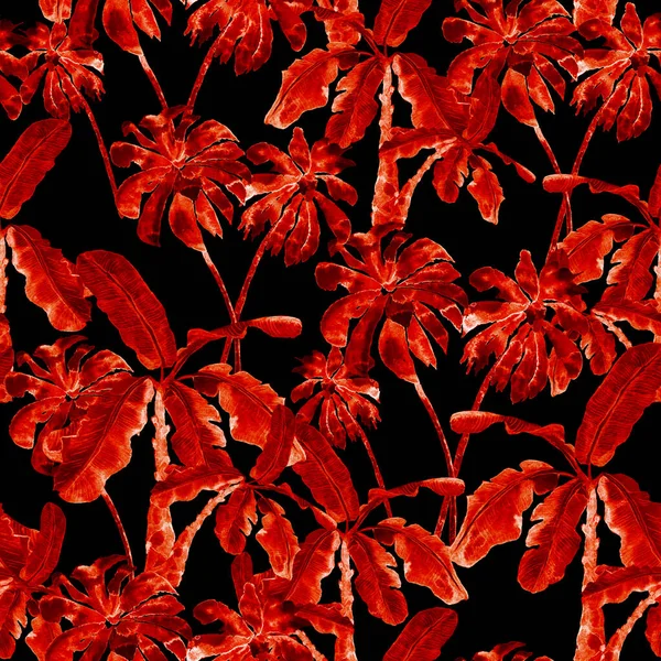 Suluboya palmiye deseni. Cennet yaprakları ile egzotik, pürüzsüz desen. Islak fırça mayo izi. Yaz dönemi. Akışkan, soyut, dikişsiz desen. Suluboya doğal Hawaii çiçek arkaplanı.