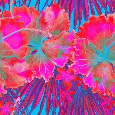 Tropikal desen. Suluboya egzotik çiçekler ve canavar yaprakları. Siyah mavi bitkiler pürüzsüz desende. Yaz Hawaii suluboya geçmişi. Tropik palmiyeler, canavarlar, çiçek desenleri..