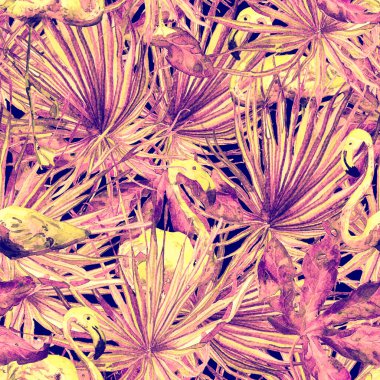 Flamingo deseni. Tropik yaz beyaz kırmızı baskısı. Kuşlarla dolu egzotik bahar canavarları. Moda Hawai Ormanı tekrar eden pürüzsüz fayanslar. Palm Botanik mayo tasarımı. Miami Vahşi Hayatı.