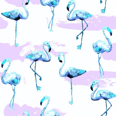 Flamingo deseni. Tropik yaz kırmızısı mavi iz. Kuşlarla dolu egzotik bahar tekstil arka planı. Moda Hawai Ormanı tekrar eden pürüzsüz fayanslar. Çizgili botanik mayo tasarımı. Miami Vahşi Hayatı.