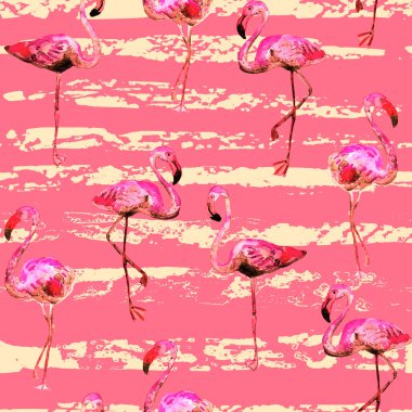 Flamingo deseni. Tropik yaz kırmızı pembe baskısı. Kuşlarla dolu egzotik bahar tekstil arka planı. Moda Hawai Ormanı tekrar eden pürüzsüz fayanslar. Çizgili botanik mayo tasarımı. Miami Vahşi Hayatı.