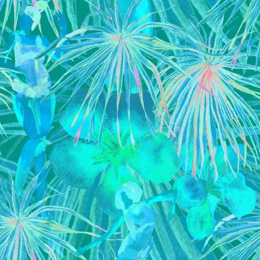 Yaz plajı deseni. Mayo giymiş insanlar egzotik palmiye, yaprak ve çiçeklerin arasında duruyorlar. Yeşil turkuaz parmak izi. Tropik Hawai suluboyası, pürüzsüz fayans. Bikini Miami, güneşlenen kızlar.. 
