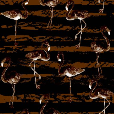 Flamingo deseni. Tropikal yaz siyah baskısı. Kuşlarla dolu egzotik bahar tekstil arka planı. Moda Hawai Ormanı tekrar eden pürüzsüz fayanslar. Çizgili botanik mayo tasarımı. Miami Vahşi Hayatı.