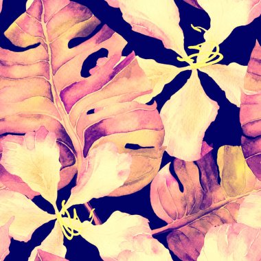 Pembe kırmızı egzotik desen. Suluboya tropik yapraklar. Palm ve Hibiscus bitkileri kusursuz desende. Bahar Hawaii suluboya geçmişi. Avuç içleri, canavarlar, mayo izleri..