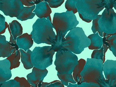 Hawaii suluboya deseni. Çivit mavisi, tropikal, dikişsiz iz. Hibiscus ve zakkum Hawaii 'de. Aloha mayo tasarımı. Egzotik buket moda illüstrasyonu. Suluboya yatay fayans.