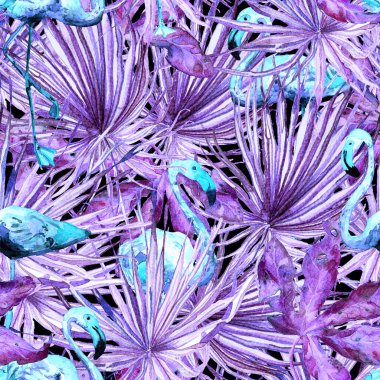 Flamingo deseni. Tropik yaz ultraviyole izi. Kuşlarla dolu egzotik bahar canavarları. Moda Hawai Ormanı tekrar eden pürüzsüz fayanslar. Palm Botanik mayo tasarımı. Miami Vahşi Hayatı.