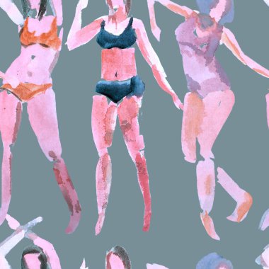 Yaz plajı deseni. Mayolu insanlar kuyrukta bekliyor. Kırmızı pembe renkli kız baskısı. Tropik Hawai suluboyası, pürüzsüz fayans. Bikini Miami kızları güneşlendiriyor. Bikinili kadınlar.