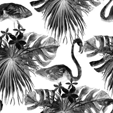 Flamingo deseni. Tropik yaz siyah beyaz baskısı. Kuşlarla dolu egzotik bahar canavarları. Moda Hawai Ormanı tekrar eden pürüzsüz fayanslar. Palm Botanik mayo tasarımı. Miami Vahşi Hayatı.