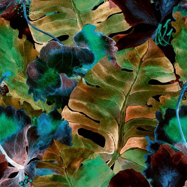 Tropikal desen. Suluboya egzotik çiçekler ve canavar yaprakları. Palm ve Hibiscus ormanları pürüzsüz. Bahar Hawaii suluboya geçmişi. Tropik palmiyeler, canavarlar, çiçek desenleri..