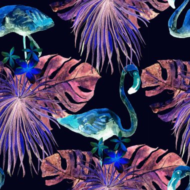 Flamingo deseni. Tropik yaz mavi baskısı. Kuşlarla dolu egzotik bahar tekstil arka planı. Moda Hawai Ormanı tekrar eden pürüzsüz fayanslar. Palm Botanik mayo tasarımı. Miami Vahşi Hayatı.