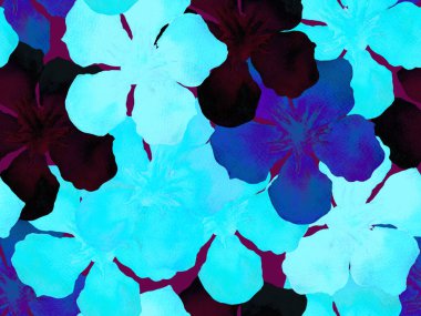 Hawaii suluboya deseni. Çivit mavisi, tropikal, dikişsiz iz. Hibiscus ve zakkum Hawaii 'de. Aloha mayo tasarımı. Egzotik buket moda illüstrasyonu. Suluboya yatay fayans.