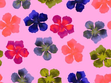 Hawaii suluboya deseni. Pembe kırmızı tropikal desensiz çiçek deseni. Hibiscus ve zakkum Hawaii 'de. Aloha mayo tasarımı. Egzotik buket moda illüstrasyonu. Suluboya yatay fayans.