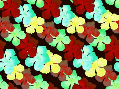 Hawaii suluboya deseni. Yeşil turkuaz çiçekli, dikişsiz tropikal iz. Hibiscus ve zakkum Hawaii 'de. Aloha mayo tasarımı. Egzotik buket moda illüstrasyonu. Suluboya yatay fayans.