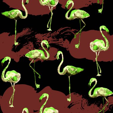 Flamingo deseni. Tropik yaz kırmızı siyah baskısı. Kuşlarla dolu egzotik bahar tekstil arka planı. Moda Hawai Ormanı tekrar eden pürüzsüz fayanslar. Çizgili botanik mayo tasarımı. Miami Vahşi Hayatı.
