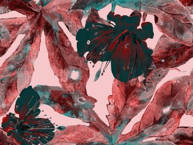 Cesur soyut çiçek deseni. Kızıl Arkaplanda Büyük Hawaii Kusursuz Parmak izi. Büyük Orman Bahar Kova Lilikoi Sonsuz Arkaplanı. Modern Kalın Soyut Çiçek Deseni.