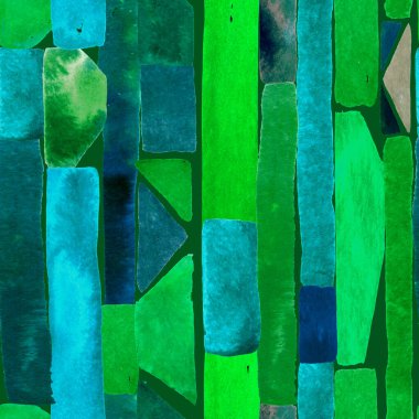 Bauhaus deseni. Yeşil geometrik, soyut, dikişsiz, sulu boya. Suluboya çizgili arka plan. Kaleydoskop çizgileri. Çağdaş sanat illüstrasyonu. Bauhaus grafik tasarımı. Moda dokusu