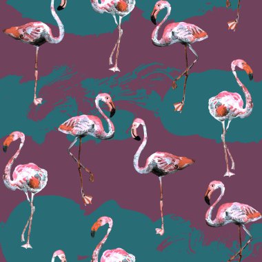 Flamingo deseni. Tropik yaz yeşili pembe iz. Kuşlarla dolu egzotik bahar tekstil arka planı. Moda Hawai Ormanı tekrar eden pürüzsüz fayanslar. Çizgili botanik mayo tasarımı. Miami Vahşi Hayatı.