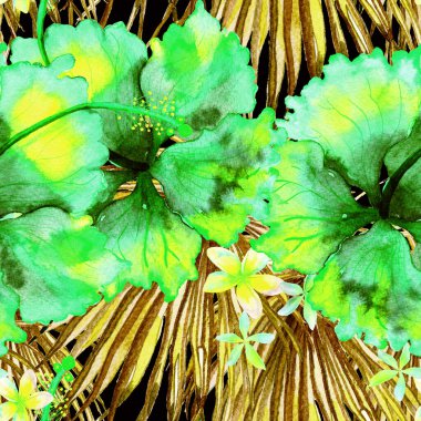 Tropikal desen. Suluboya egzotik çiçekler ve canavar yaprakları. Kusursuz desenli beyaz yeşil bitkiler. Yaz Hawaii suluboya geçmişi. Tropik palmiyeler, canavarlar, çiçek desenleri..