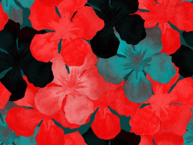 Hawaii suluboya deseni. Pembe kırmızı tropikal desensiz çiçek deseni. Hibiscus ve zakkum Hawaii 'de. Aloha mayo tasarımı. Egzotik buket moda illüstrasyonu. Suluboya yatay fayans.