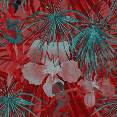 Yaz plajı deseni. Mayo giymiş insanlar egzotik palmiye, yaprak ve çiçeklerin arasında duruyorlar. Pembe kırmızı kız izi. Tropik Hawai suluboyası, pürüzsüz fayans. Bikini Miami, güneşlenen kızlar.. 