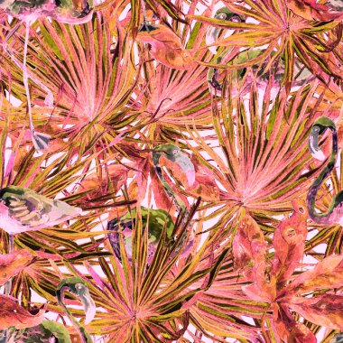 Flamingo deseni. Tropik yaz beyaz kırmızı baskısı. Kuşlarla dolu egzotik bahar canavarları. Moda Hawai Ormanı tekrar eden pürüzsüz fayanslar. Palm Botanik mayo tasarımı. Miami Vahşi Hayatı.