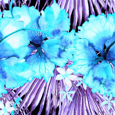 Tropikal desen. Suluboya egzotik çiçekler ve canavar yaprakları. Ultraviyole bitkiler kusursuz desende. Yaz Hawaii suluboya geçmişi. Tropik palmiyeler, canavarlar, çiçek desenleri..