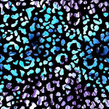 Leopar dikişsiz suluboya deseni. Siyah mavi, egzotik, pürüzsüz desen. Kabile kedisi izleri. Minimum el çizimi yaz çitası arkaplanı. Hayvan derisi izin veren mürekkep uyumluluğu.