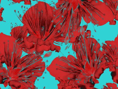 Kalın Çiçek deseni. Büyük Hawaii İşaretsiz Mavi Parmak izi, Kırmızı Arkaplan. Büyük Egzotik Bahar Maracuya Sonsuz Arkaplanı. Kalın Çiçek Tasarımı.