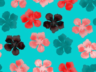 Hawaii suluboya deseni. Çivit mavisi, tropikal, dikişsiz iz. Hibiscus ve zakkum Hawaii 'de. Aloha mayo tasarımı. Egzotik buket moda illüstrasyonu. Suluboya yatay fayans.