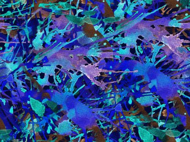 Püskürme izi yok. Mavi suluboya fırça darbesi grunge fayans. Suluboya kaotik sıçrama boya tasarımı. Kademeli mürekkep lekeleri. Toprak sıçrama deseni. Sıvı damlayan fırça sonsuz iz.