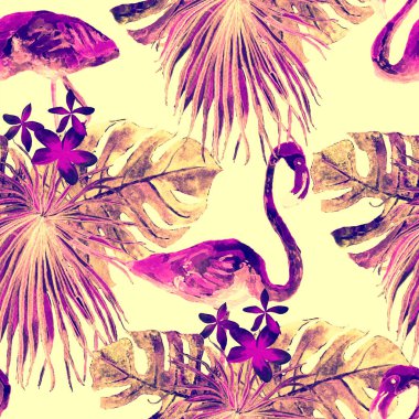 Flamingo deseni. Tropik yaz beyaz kırmızı baskısı. Kuşlarla dolu egzotik bahar tekstil arka planı. Moda Hawai Ormanı tekrar eden pürüzsüz fayanslar. Palm Botanik mayo tasarımı. Miami Vahşi Hayatı.