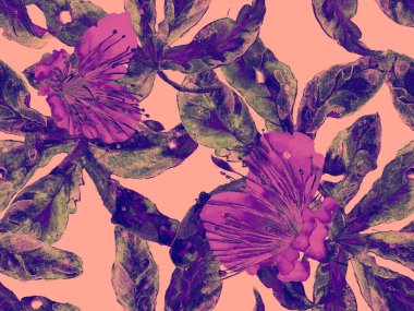 Kalın Çiçekler. Kızıl Arkaplanda Büyük Hawaii Kusursuz Parmak izi. Koca Orman Yaz Aquarelle Maracuja Sonsuz Arkaplan. Soyut Kalın Çiçek Yazdırma. 