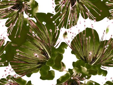 Çiçek desenli moda. Yeşil Arkaplanda Büyük Hawaii Kusursuz Parmak izi. Büyük Hawaii Bahar Kova Arısı Tutku Meyvesi Sonsuz Arka plan. Rastgele Çiçek Deseni.